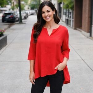 Cristina B Red Flowy Tunic Blouse | Layered Hem V-Neck 3/4 Sleeve Hi-Low Top
